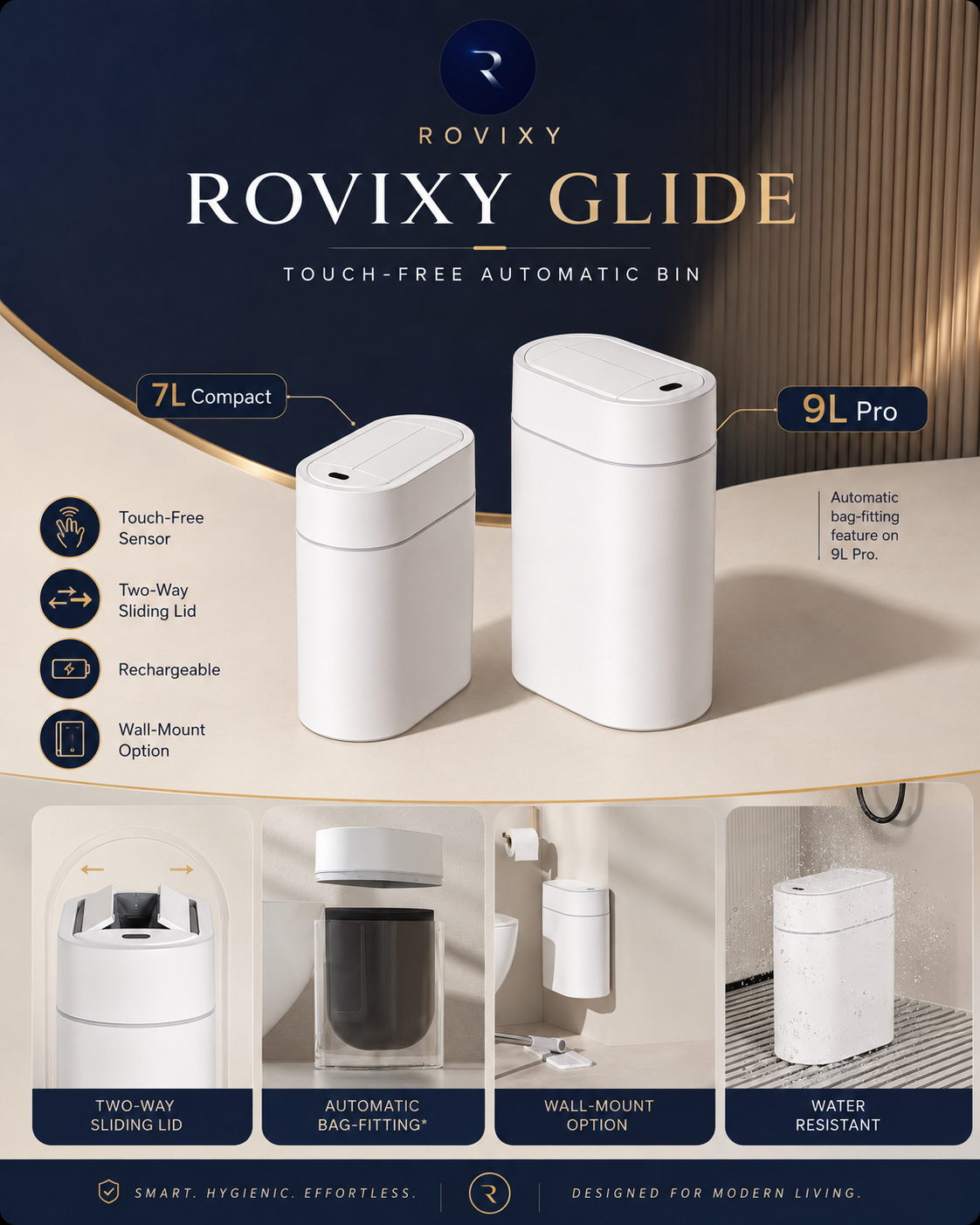 Rovixy Glide touch-free automatic bin in 7L Compact and 9L Pro sizes